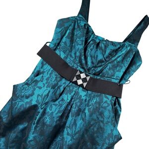 VTG Torrid Teal Flare Dress Black Belted Buckle pockets Party Sz 16 wedding Lace
